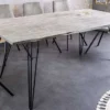 Massivholz Esstisch SCORPION 140cm grau Akazie Baumkante schwarze Metallbeine Hairpin Legs