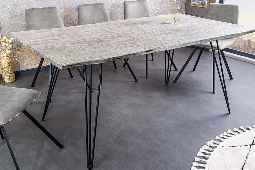 Massivholz Esstisch SCORPION 140cm grau Akazie Baumkante schwarze Metallbeine Hairpin Legs
