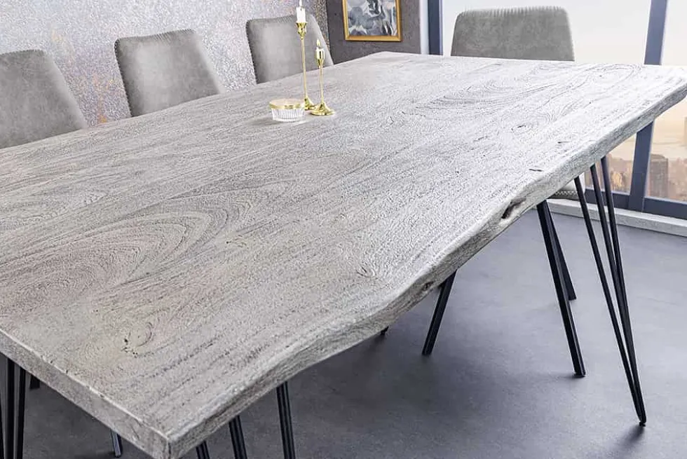 Massivholz Esstisch SCORPION 140cm grau Akazie Baumkante schwarze Metallbeine Hairpin Legs