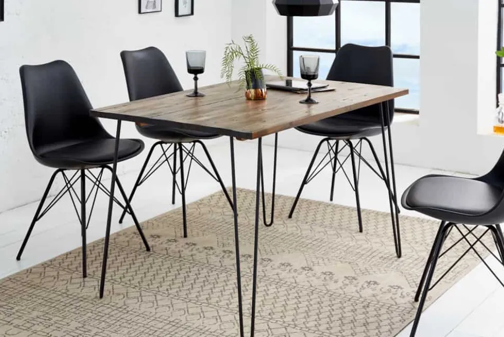 Massivholz Esstisch SCORPION 120cm braun Akazie schwarze Metallbeine Hairpin Legs Retro