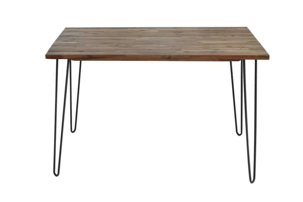 Massivholz Esstisch SCORPION 120cm braun Akazie schwarze Metallbeine Hairpin Legs Retro
