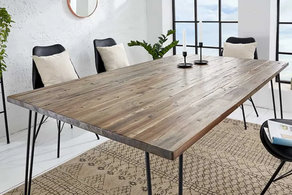 Massivholz Esstisch SCORPION 180cm braun Akazie schwarze Metallbeine Hairpin Legs Retro