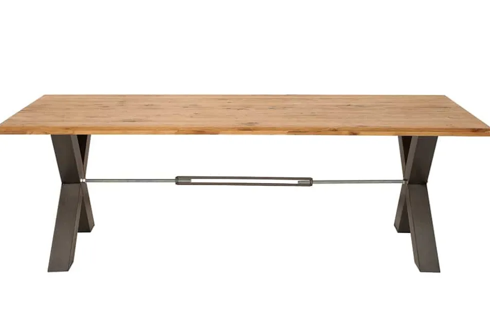Massivholz Esstisch THOR 240cm natur Wildeiche geölt graues X-Gestell Metall Industrial Design