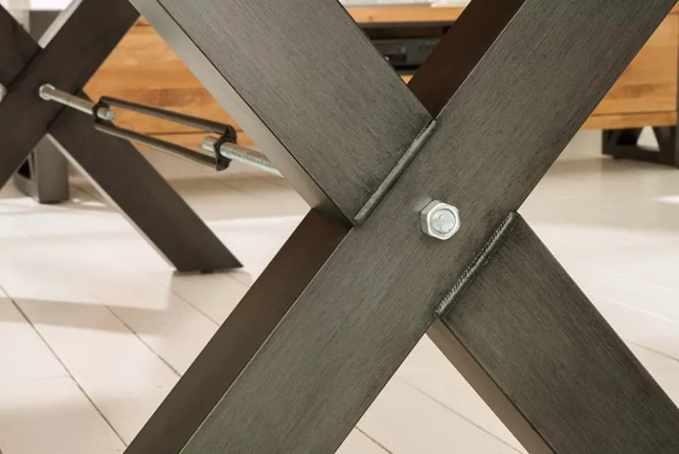 Massivholz Esstisch THOR 240cm natur Wildeiche geölt graues X-Gestell Metall Industrial Design