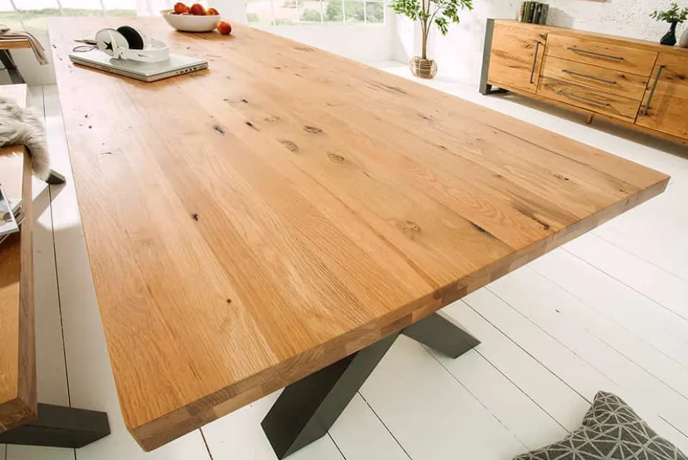 Massivholz Esstisch THOR 240cm natur Wildeiche geölt graues X-Gestell Metall Industrial Design