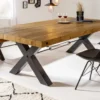 Massivholz Esstisch THOR 200cm vintage braun Pinie recycelt Industrial Design Eisen X-Gestell