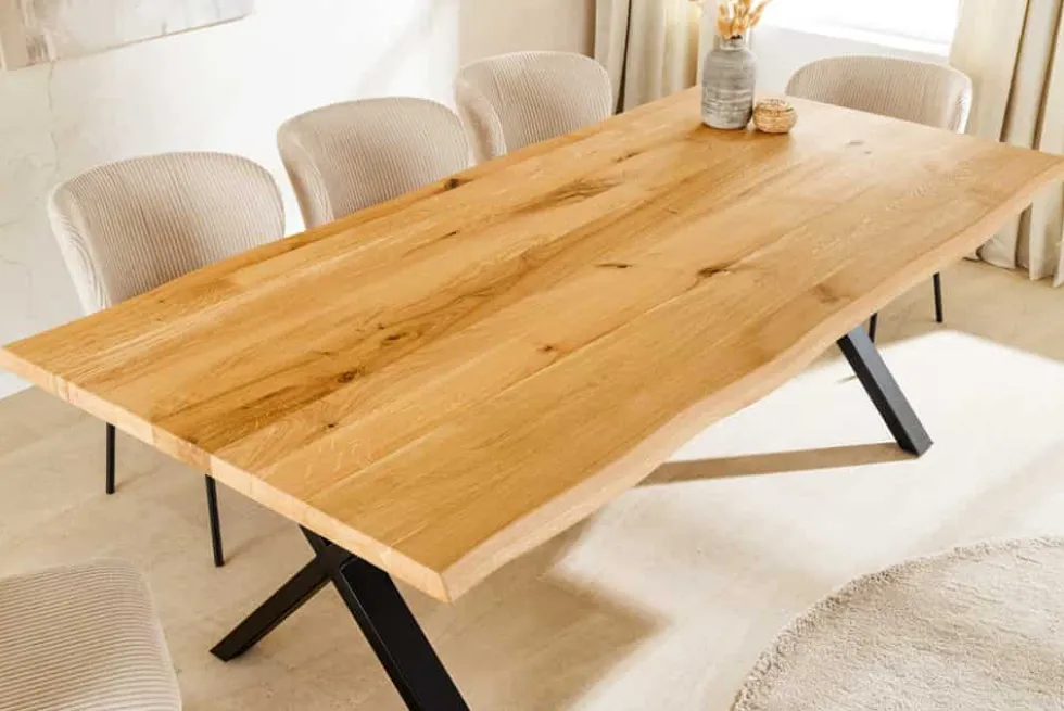 Massivholz Esstisch WILD OAK 200cm natur schwarz Wildeiche Baumkante geölt X-Gestell