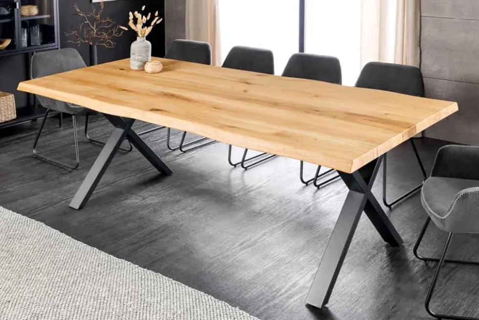 Massivholz Esstisch WILD OAK 160cm natur schwarz Wildeiche Baumkante geölt X-Gestell