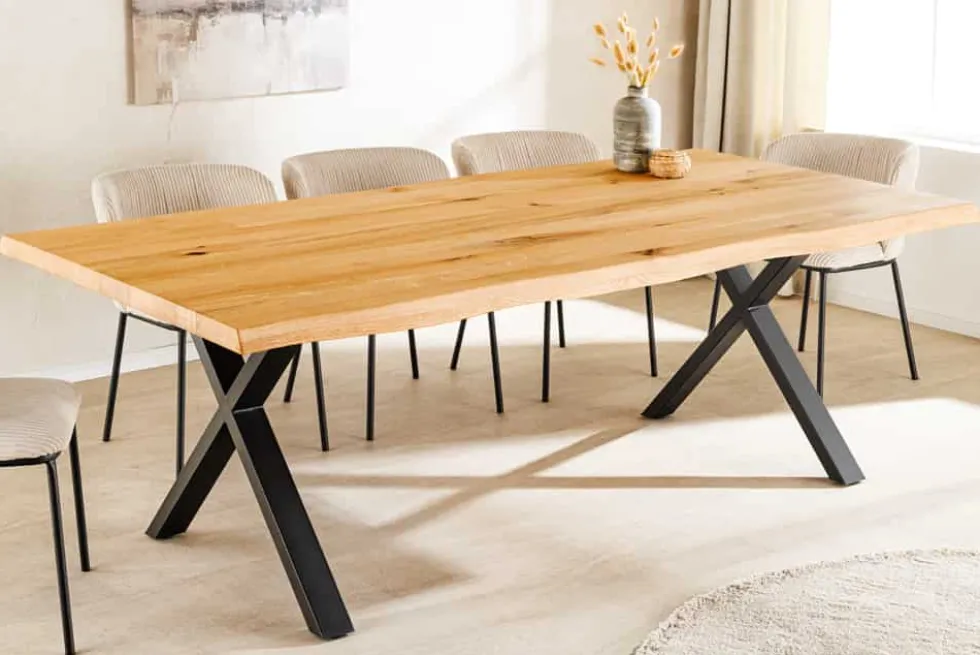 Massivholz Esstisch WILD OAK 160cm natur schwarz Wildeiche Baumkante geölt X-Gestell