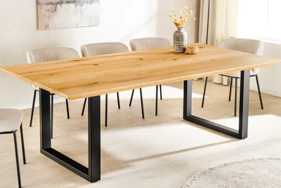 Massivholz Esstisch WILD OAK 200cm natur Wildeiche Schweizer Kante Metall U-Gestell
