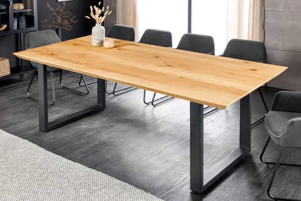 Massivholz Esstisch WILD OAK 200cm natur Wildeiche Schweizer Kante Metall U-Gestell