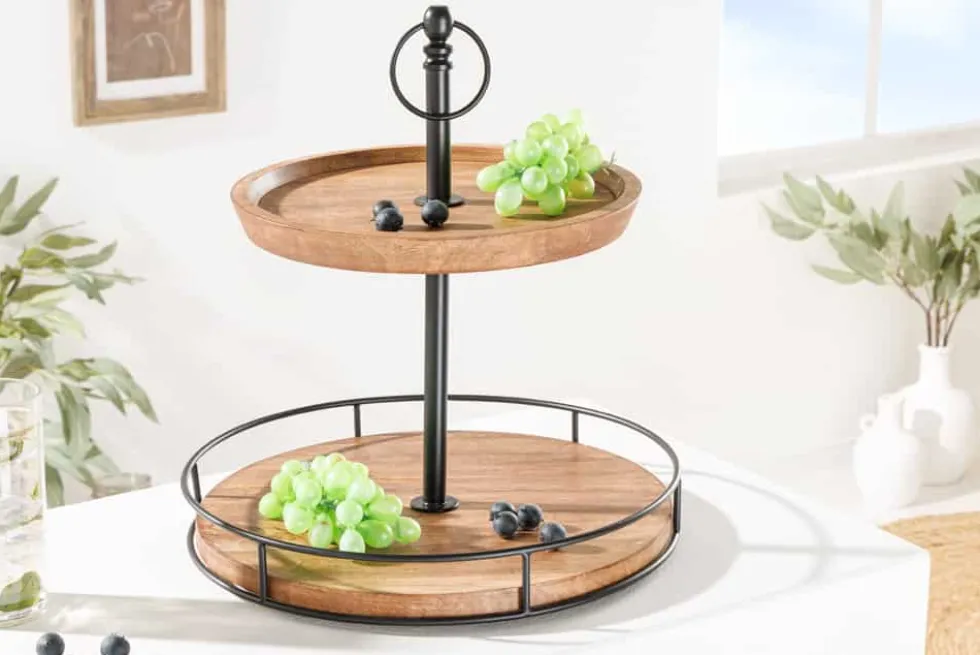 Massivholz Etagere PURE NATURE 40cm Mango rund mit zwei Etagen schwarzes Metall