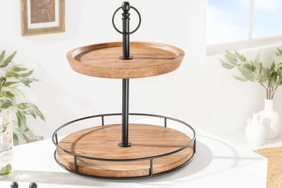 Massivholz Etagere PURE NATURE 40cm Mango rund mit zwei Etagen schwarzes Metall