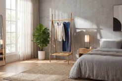 Massivholz Garderobe ZEN-BO 160cm natur Bambus Kleiderstange mit Ablage