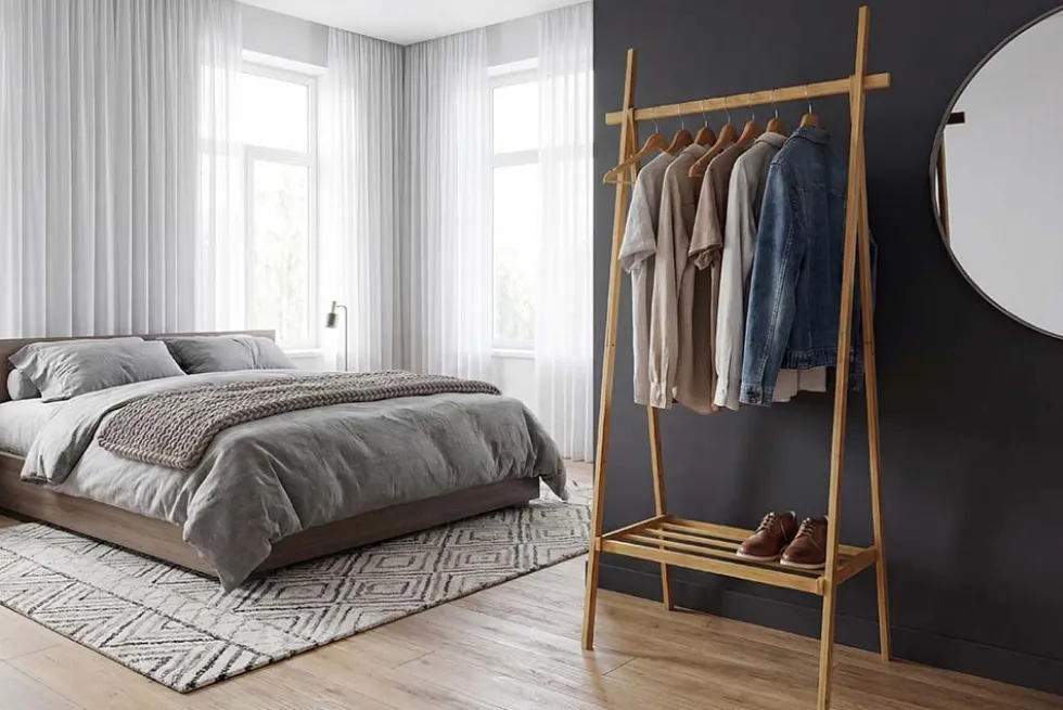Massivholz Garderobe ZEN-BO 160cm natur Bambus Kleiderstange mit Ablage