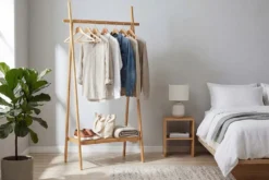 Massivholz Garderobe ZEN-BO 160cm natur Bambus Kleiderstange mit Ablage