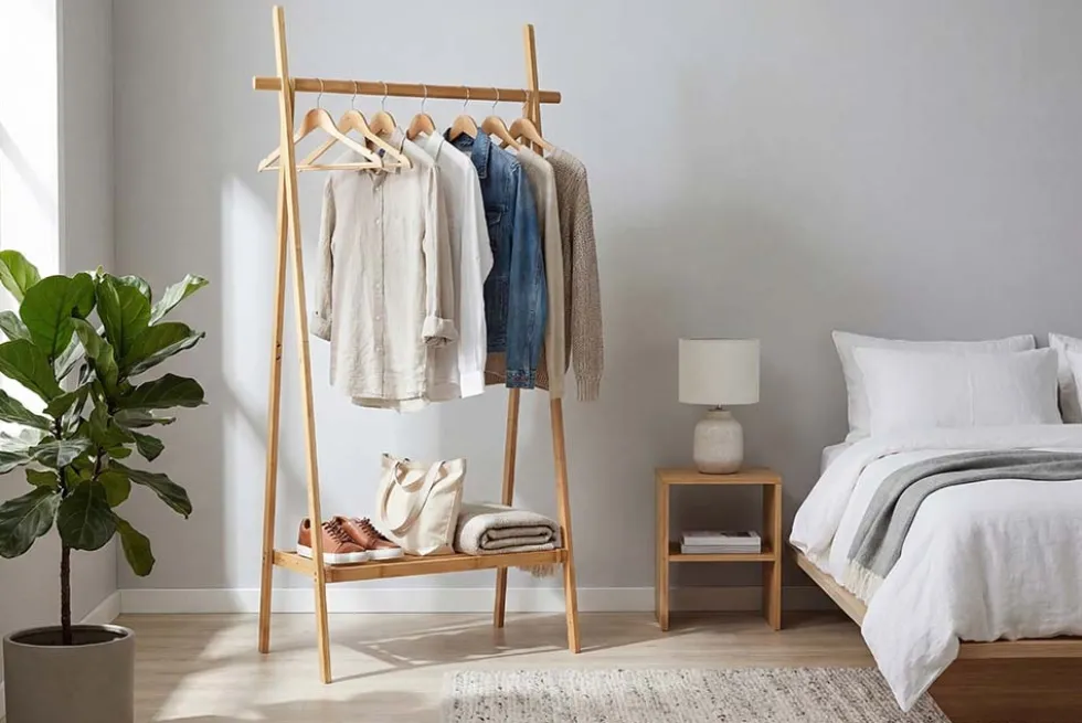 Massivholz Garderobe ZEN-BO 160cm natur Bambus Kleiderstange mit Ablage