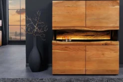 Massivholz Highboard GRAND ACACIA 120cm braun Akazie mit LED-Beleuchtung Baumkante