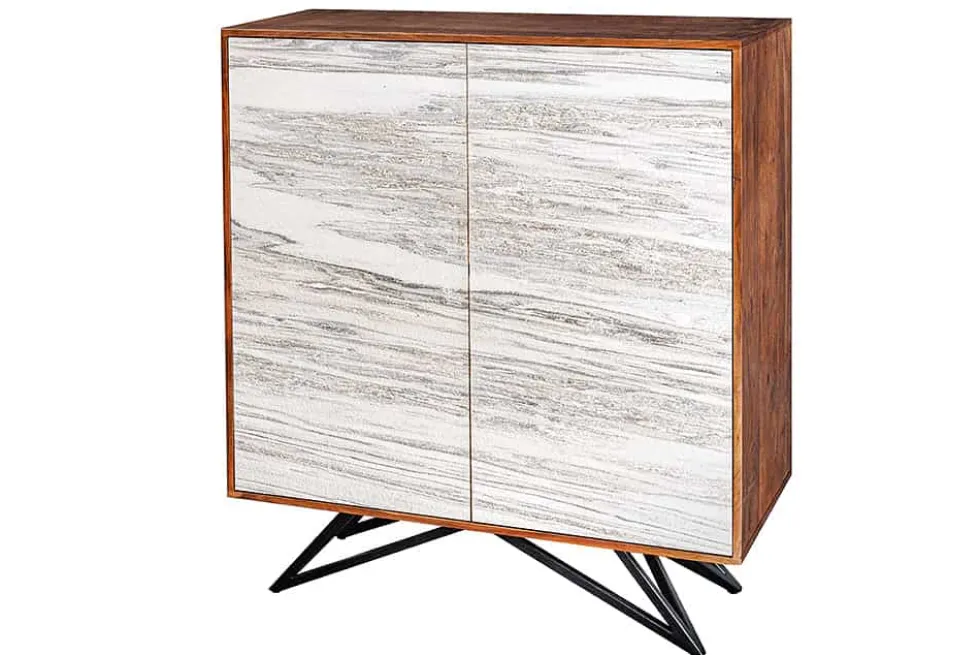 Massivholz Highboard MOUNTAIN SOUL 120cm echter Naturstein weiß Akazie Schrank Marmor-Design