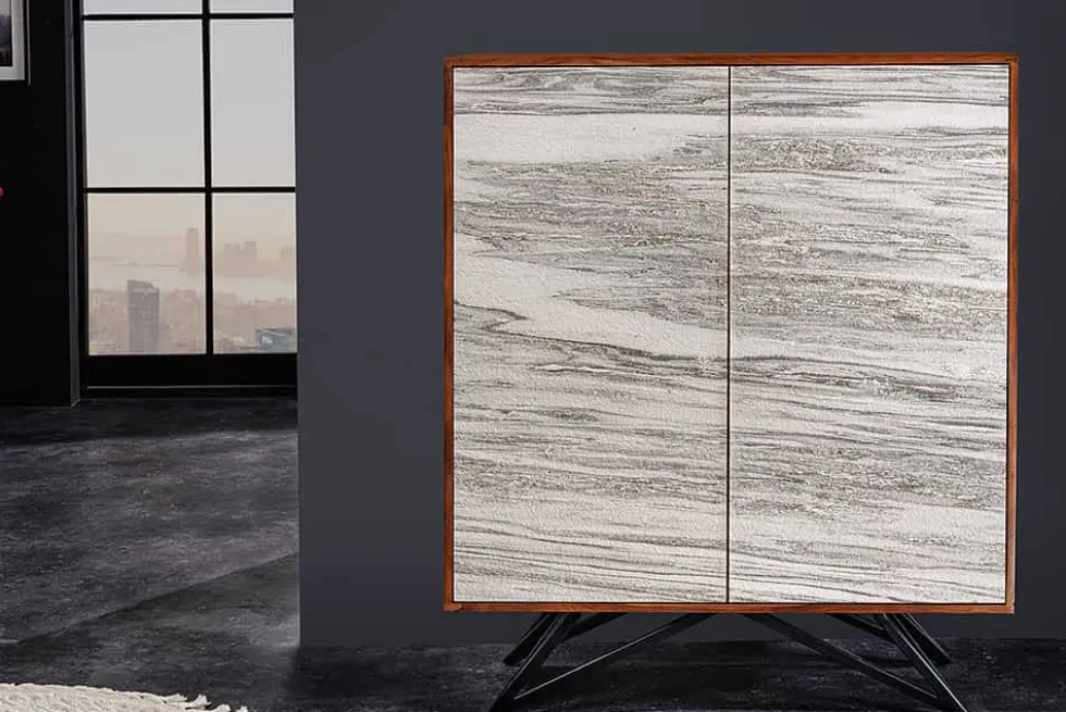 Massivholz Highboard MOUNTAIN SOUL 120cm echter Naturstein weiß Akazie Schrank Marmor-Design