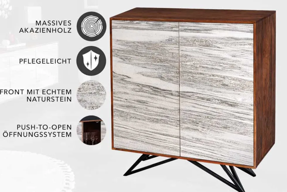 Massivholz Highboard MOUNTAIN SOUL 120cm echter Naturstein weiß Akazie Schrank Marmor-Design