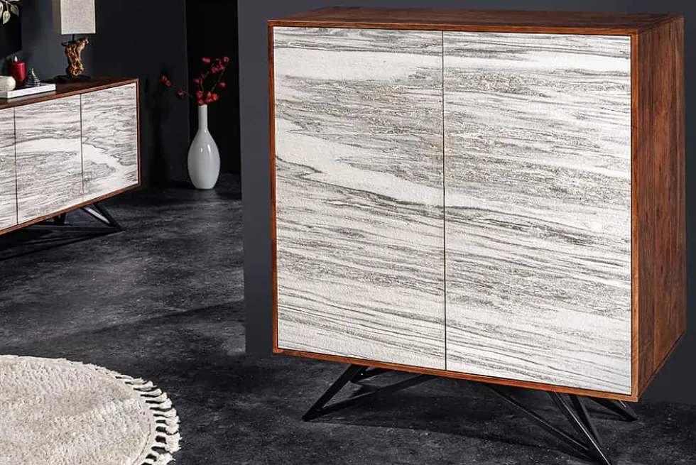 Massivholz Highboard MOUNTAIN SOUL 120cm echter Naturstein weiß Akazie Schrank Marmor-Design
