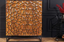 Massivholz Highboard VULCANO 120cm braun Mangoholz mit 3D Schnitzereien handmade Metallgestell schwarz