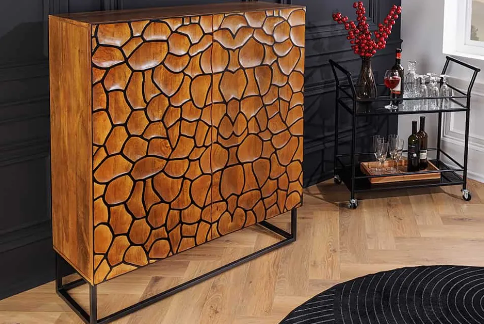 Massivholz Highboard VULCANO 120cm braun Mangoholz mit 3D Schnitzereien handmade Metallgestell schwarz