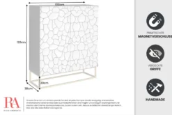 Massivholz Highboard VULCANO 120cm weiß schwarz Mangoholz mit 3D Schnitzereien handmade Metallgestell gold