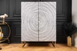 Massivholz Highboard ZEN CIRCLES 120cm weiß schwarz Mangoholz 3D-Design Metall gold