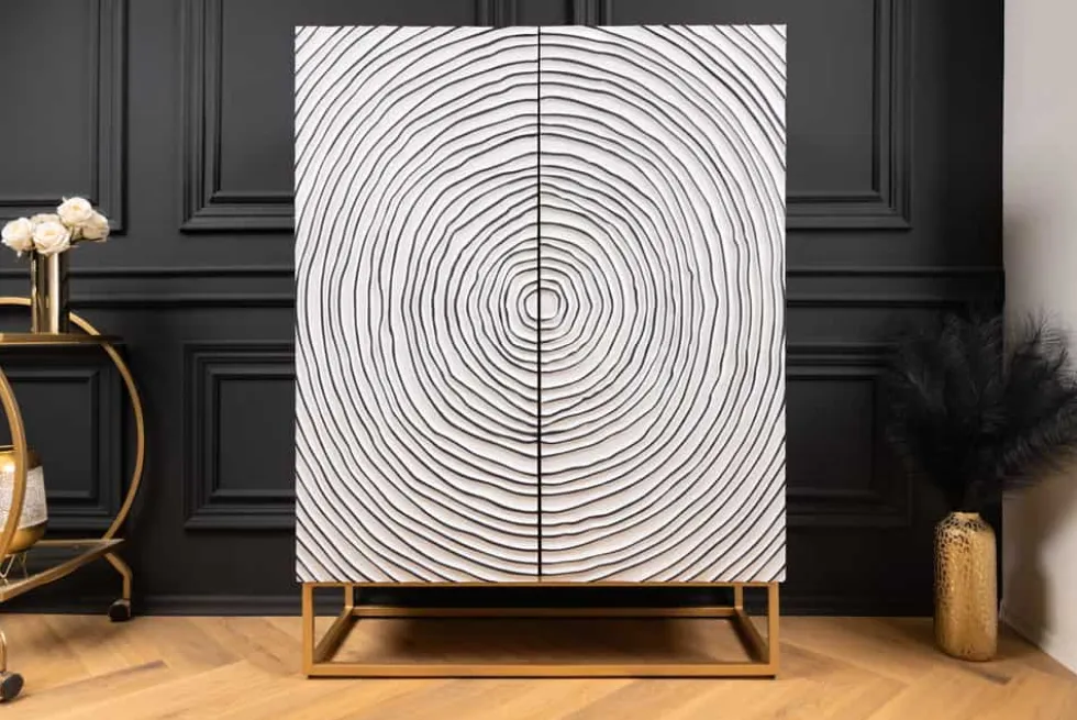 Massivholz Highboard ZEN CIRCLES 120cm weiß schwarz Mangoholz 3D-Design Metall gold
