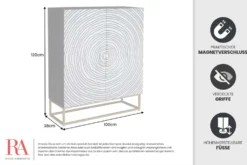 Massivholz Highboard ZEN CIRCLES 120cm weiß schwarz Mangoholz 3D-Design Metall gold