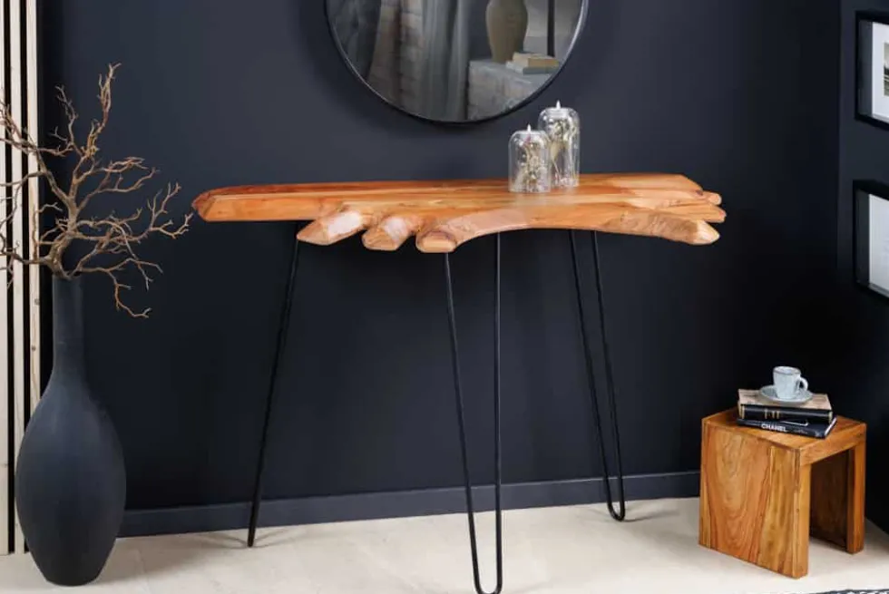 Massivholz Konsolentisch WILD 105cm Akazie natur Hairpin Legs Baumkante