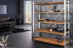 Massivholz Regal BARRACUDA 185cm braun Teakholz silber Edelstahl verchromt Bücherregal