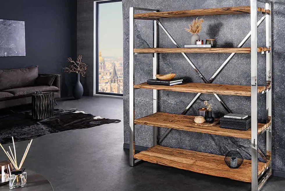 Massivholz Regal BARRACUDA 185cm braun Teakholz silber Edelstahl verchromt Bücherregal