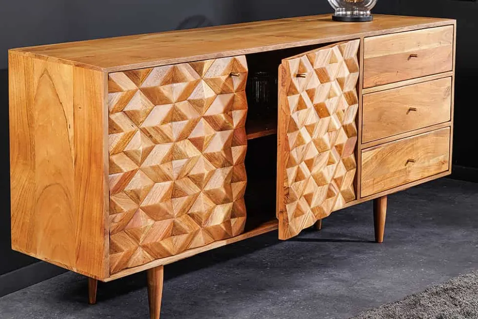 Massivholz Sideboard ALPINE 145cm Akazie honey finish Kommode mit Schubladen Retro Design