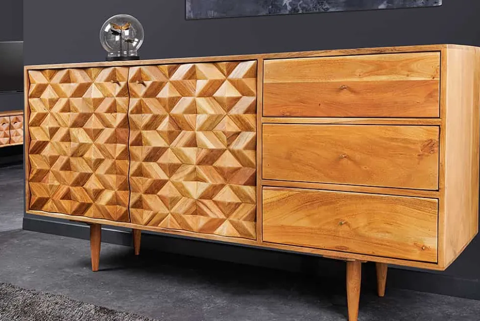 Massivholz Sideboard ALPINE 145cm Akazie honey finish Kommode mit Schubladen Retro Design