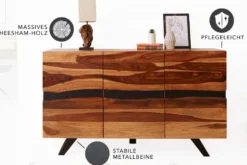 Massivholz Sideboard AMAZONAS 150cm braun Sheesham Baumkante schwarzes Metallgestell