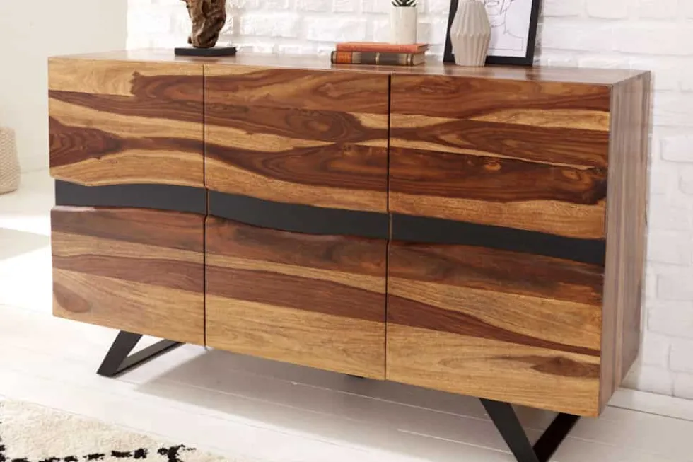 Massivholz Sideboard AMAZONAS 150cm braun Sheesham Baumkante schwarzes Metallgestell