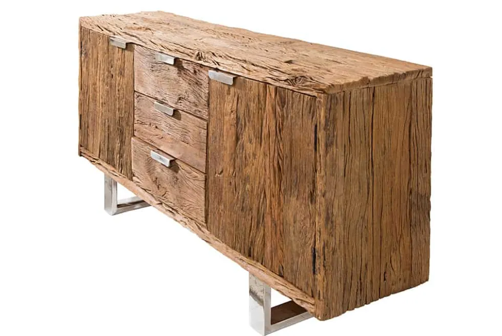 Massivholz Sideboard BARRACUDA 160cm Teak antik Kommode mit Schubladen Stahl Kufenfüßen