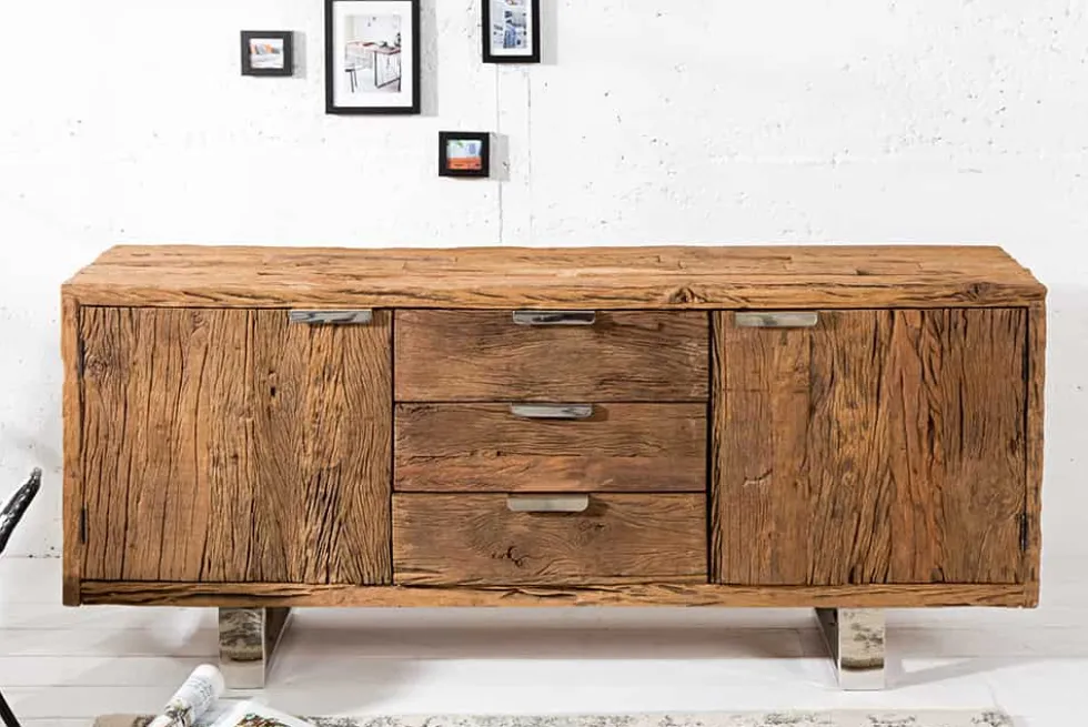 Massivholz Sideboard BARRACUDA 160cm Teak antik Kommode mit Schubladen Stahl Kufenfüßen