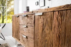 Massivholz Sideboard BARRACUDA 160cm Teak antik Kommode mit Schubladen Stahl Kufenfüßen