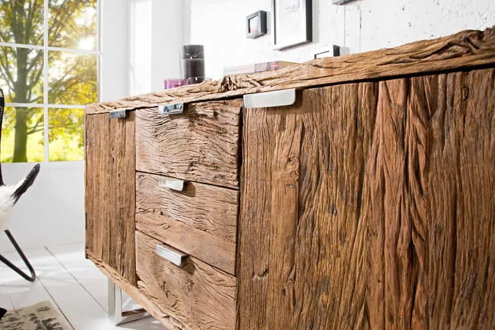 Massivholz Sideboard BARRACUDA 160cm Teak antik Kommode mit Schubladen Stahl Kufenfüßen