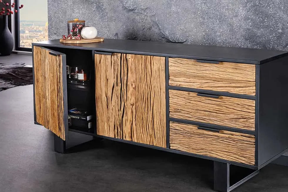 Massivholz Sideboard BARRACUDA 150cm Teak Mango schwarz Metall recycelt