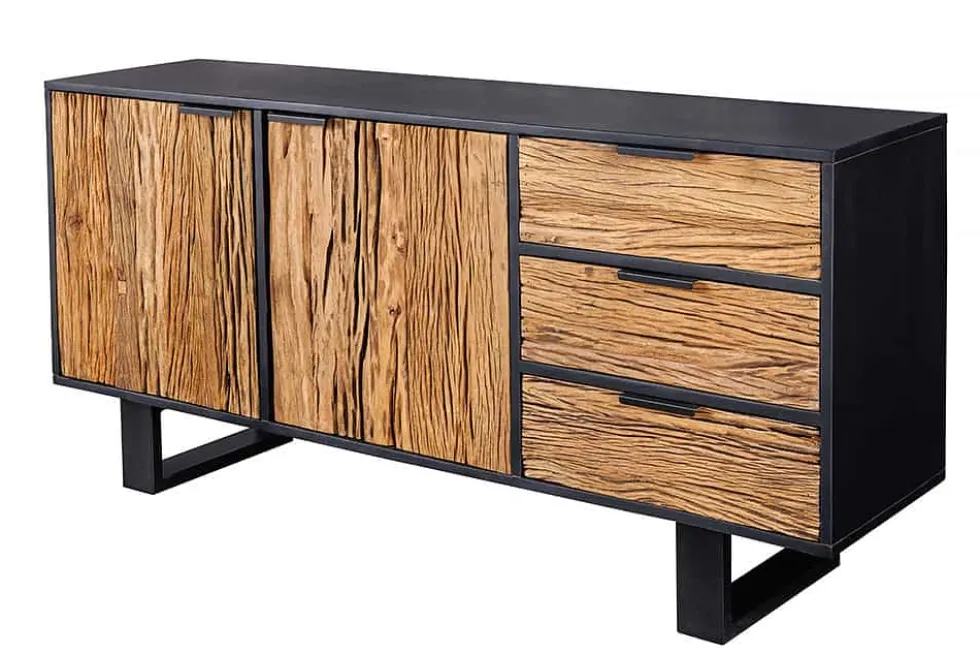 Massivholz Sideboard BARRACUDA 150cm Teak Mango schwarz Metall recycelt