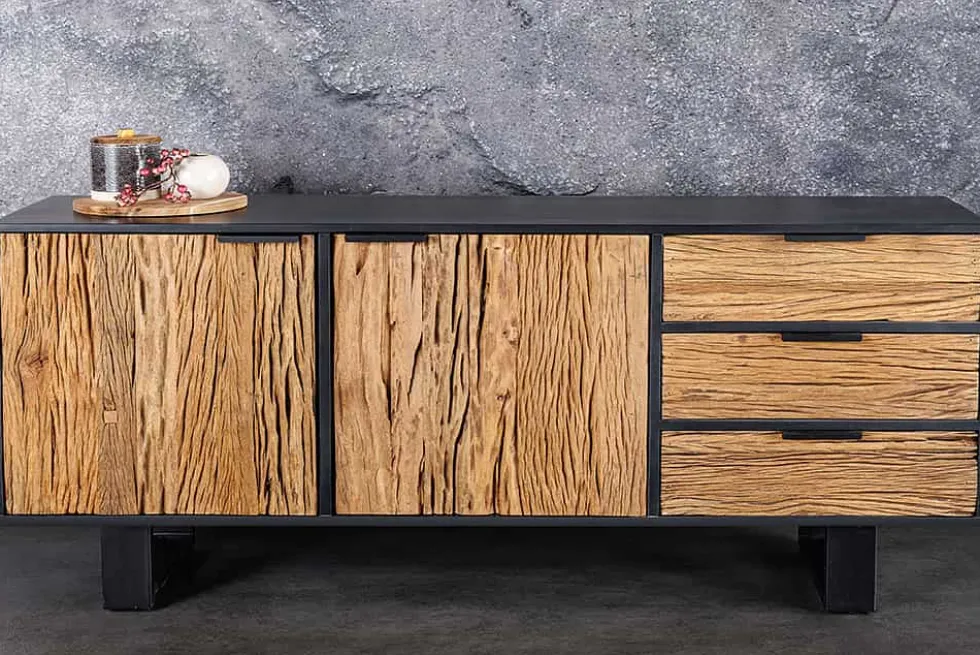 Massivholz Sideboard BARRACUDA 150cm Teak Mango schwarz Metall recycelt
