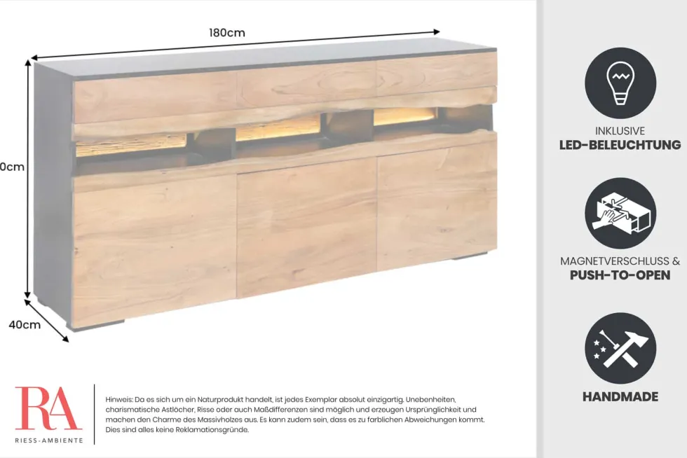 Massivholz Sideboard GRAND ACACIA 180cm braun Akazie mit LED-Beleuchtung Baumkante