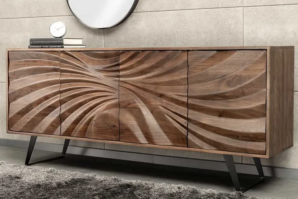 Massivholz Sideboard HURRICANE 175cm braun Akazie 3D-Design