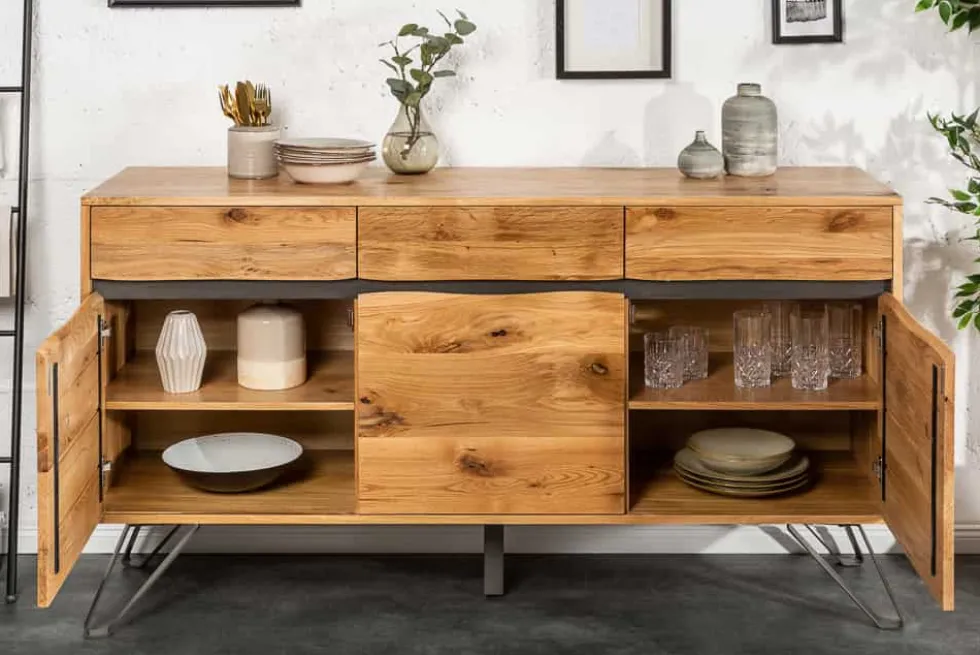 Massivholz Sideboard LIVING EDGE 160cm Wildeiche Metall schwarz Baumkante mit Schubladen