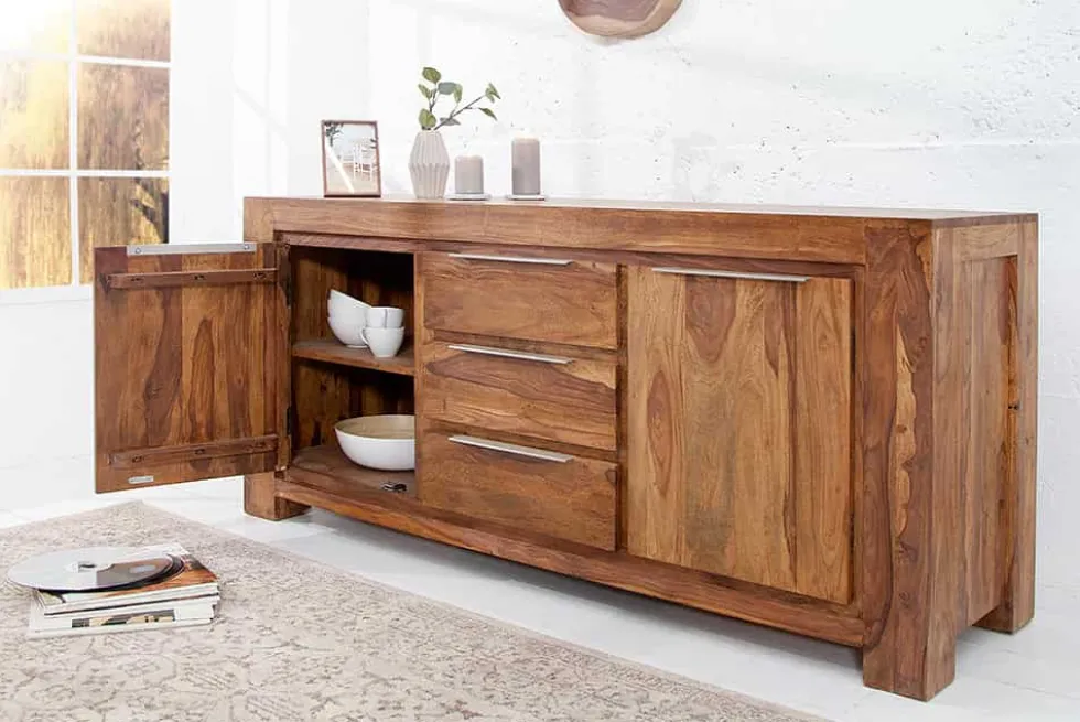 Massivholz Sideboard MAKASSAR 175cm braun Sheesham stone finish Kommode mit Schubladen
